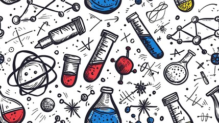 Poster - A seamless doodle pattern featuring various science lab items like test tubes, flasks, and microscopes, mixed with doodles of atoms and molecules, in a colorful and dynamic arrangement,