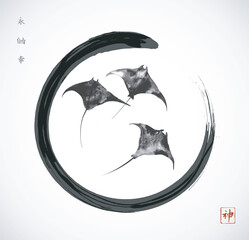 three manta rays in black enso zen circle. minimalist sumi-e painting. hieroglyphs - eternity, freed