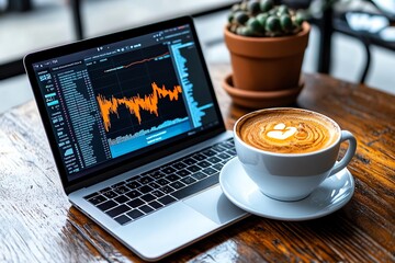 Aufkleber -  Laptop with morning stock market updates, Monday morning, financial awareness