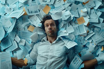 A worker surrounded by a whirlwind of papers, emails, and notifications, with a stressed expression and a sense of being overwhelmed by burnout