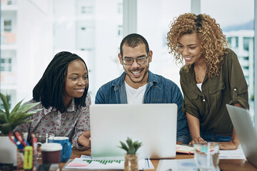 Aufkleber - Business people, teamwork and computer for web design, online reading and brainstorming for proposal. Group, employees or coworkers with idea, planning or pc for project, review or research in office