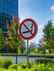 Poster - A no smoking sign is prominently displayed in a park with trees and buildings under a bright blue sky. Generative AI