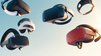 Poster - A collection of virtual reality headsets displayed against a bright background, showcasing modern technology and immersive experiences.