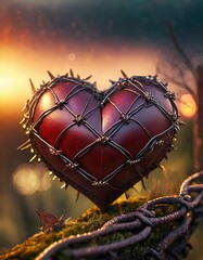 Wall Mural - leather heart with barbed wire