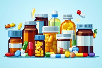 Poster - Digital illustration of a collection of medicine bottles syrups and tablets on a blue background highlighting the variety and organization in healthcare products