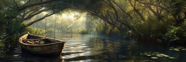 Poster - A small boat rests peacefully on still water, framed by vibrant trees and soft morning light in a natural oasis. Generative AI