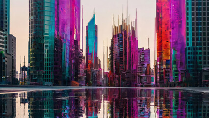 Wall Mural - Digita lglitch art with vibrant abstract city generative AI