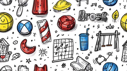 Wall Mural - A seamless pattern filled with doodles of recess fun elements, including swings, slides, jump ropes, and playground balls, alongside hopscotch patterns and seesaws, in vibrant colors,