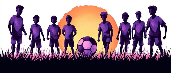 Wall Mural - A vibrant silhouette of soccer players against a colorful sunset, depicting passion and teamwork in sports.