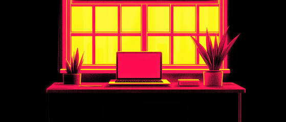 Poster - A vibrant workspace featuring a computer, plants, and a glowing window, ideal for modern digital aesthetics.