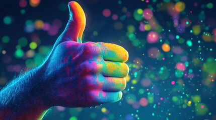 A hand gesture of thumbs up, with a lively splash of neon blue and green in the background