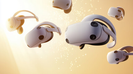 Poster - An array of modern virtual reality headsets floating in a soft, glowing background, showcasing innovation in technology.
