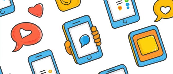 Poster - Colorful illustration of smartphones and chat bubbles, symbolizing digital communication and social media interaction.