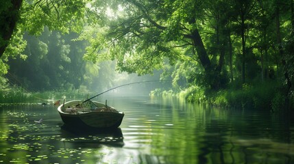 Poster - A peaceful river scene features a small fishing boat resting amidst vibrant foliage under soft morning light. Generative AI