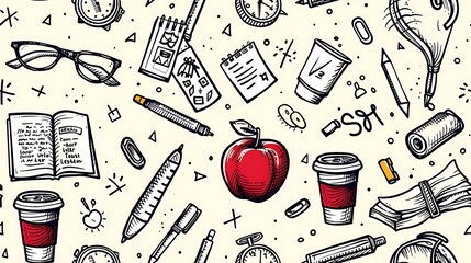 Canvas Print - A seamless pattern filled with doodles of teacher’s desk essentials, including apples, glasses, coffee cups, and lesson plans, alongside sticky notes and highlighters, in bright colors,