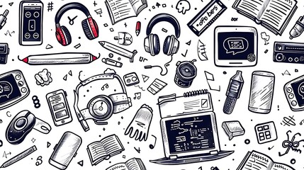 A seamless pattern filled with doodles of tech class essentials, including laptops, tablets, headphones, and coding symbols, alongside fun items like microchips and computer mice, in bright colors,