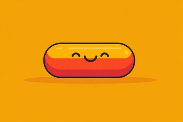 Wall Mural - Minimalist illustration of a single pill character with a smiling face on a yellow background symbolizing simplicity and joy in healthcare