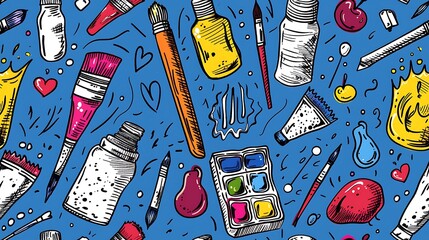 Poster - A seamless pattern of doodles with art tools such as paintbrushes, palettes, and easels, mixed with splashes of paint in vibrant colors, on a soft blue background, fun and artistic, hd quality.