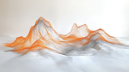 Abstract wire drawing of a mountain, river at the base, orange accents, on a white backdrop.