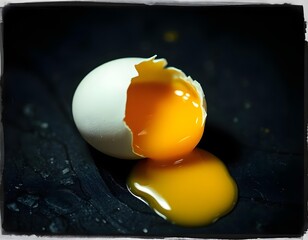 A cracked egg with a bright yellow yolk spilling out onto a dark surface create with ai