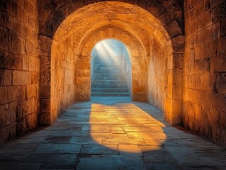 Wall Mural - ancient stone archway illuminated by dancing flames dramatic interplay of light and shadow on weathered surfaces creates an atmosphere of mystery and timeless beauty