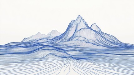 Minimalist wire drawing of a mountain and river, blue contour lines on a crisp white background.