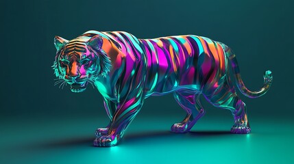 Vibrant 3D Iridescent Glass Tiger in Neon Style on Teal Background with Bold Stripes | High Resolution Abstract Wildlife Art