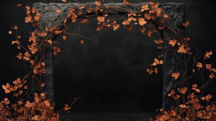 Wall Mural - rectangular arch, frame of branches and leaves autumn theme on a dark background, presentation of a new product, stage