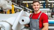 © lililia - A worker in overalls smiles as he pours yarn from a roll onto a spool of a spinning machine in a bustling textile factory
