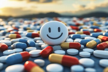 Poster - Playful and lively illustration of a smiley face pill character on a textured background representing positivity and joy in healthcare