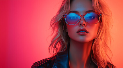 Fashion model with blond hair is posing in a studio wearing sunglasses and a leather jacket