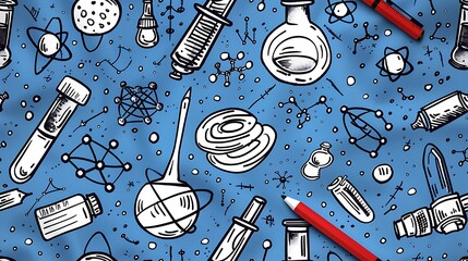 Poster - A seamless pattern of doodles with science lab tools such as microscopes, flasks, and test tubes, mixed with doodles of atoms and molecular structures, in a vibrant and playful color scheme,