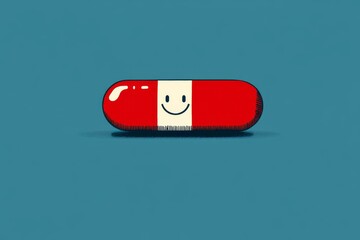 Wall Mural - Minimalist illustration of a single red capsule with a happy face on a teal background representing simplicity and positivity in healthcare