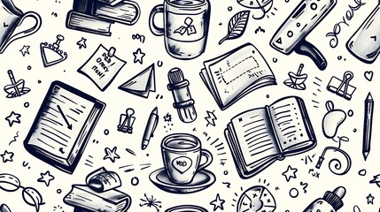 Canvas Print - A seamless pattern of doodles with study items such as open books, coffee cups, highlighters, and sticky notes, mixed with fun items like bookmarks and paper clips,