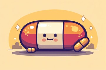 Sticker - Adorable cartoon of pill characters with smiling faces on an orange background symbolizing the friendly and approachable nature of healthcare