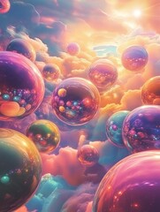 Canvas Print - Dreamy Spheres Floating in a Sky of Cotton Candy Clouds - A vibrant and ethereal image of colorful spheres floating in a whimsical landscape of pastel clouds, symbolizing dreams, imagination, wonder, 