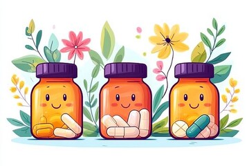 Poster - Cute and colorful cartoon of medicine bottles with happy faces and flowers symbolizing the blend of nature and healthcare