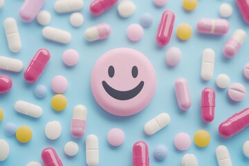 Sticker - Playful arrangement of pills and capsules forming a smiley face on a light blue background symbolizing creativity and positivity in healthcare