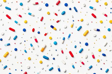 Sticker - Vibrant and playful pattern of colorful pills and capsules on a white background symbolizing energy and diversity in healthcare