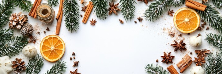 Sticker - Festive Christmas Border with Pine, Oranges, Cinnamon and Spices - A Christmas border with pine branches, orange slices, cinnamon sticks, star anise and other spices. It evokes a festive and inviting 