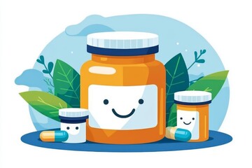 Poster - Cute cartoon style medicine jars with smiling faces surrounded by natural elements representing a holistic and friendly approach to healthcare