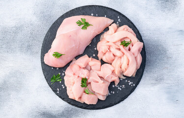 Wall Mural - Raw chicken meat fillet ( breast ) Various of cutting in form slice and cube