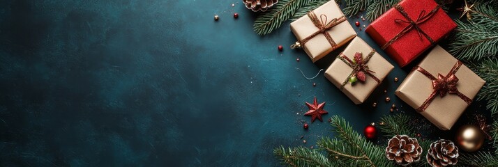 Poster - Festive Christmas Gift Boxes on Blue Background - Wrapped gifts with rustic twine and red accents, pine branches, and pine cones. The blue background symbolizes winter, gifts represent joy, and the ov