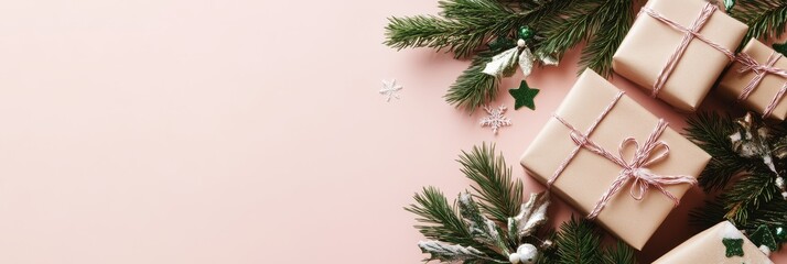 Poster - Festive Christmas Gifts with Pine Branches and Decorations on Pink Background - This image showcases a festive Christmas scene with wrapped presents adorned with twine and nestled amongst pine branche