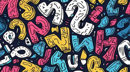 Poster - A seamless pattern showcasing a jumble of colorful letters and numbers, each in a different font style, overlapping and intertwined, on a light blue background, lively and dynamic, hd quality.