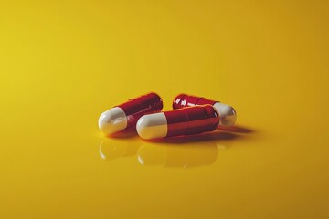 Wall Mural - Minimalistic yellow background with scattered red and yellow pills emphasizing simplicity healthcare and the effective use of medicine