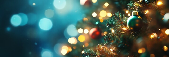 Poster - Festive Christmas Tree Ornament with Lights and Bokeh - A close-up of a teal Christmas ornament hanging on a decorated tree, with warm lights and bokeh creating a festive ambiance.