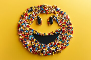 Poster - Smiley face created with colorful sprinkles on a bright yellow background symbolizing happiness fun and creativity in the context of health and wellness