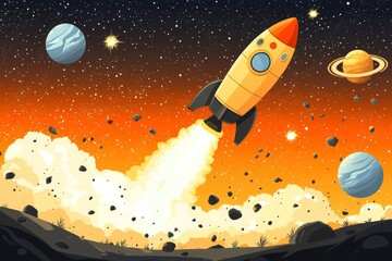 Wall Mural - rocket launch into space with planets and stars