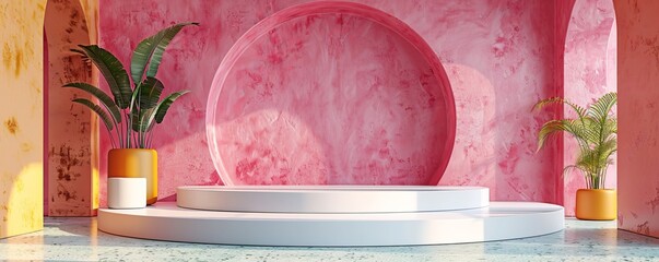 Poster - Minimal abstract background for product presentation with white podium and vibrant pink wall